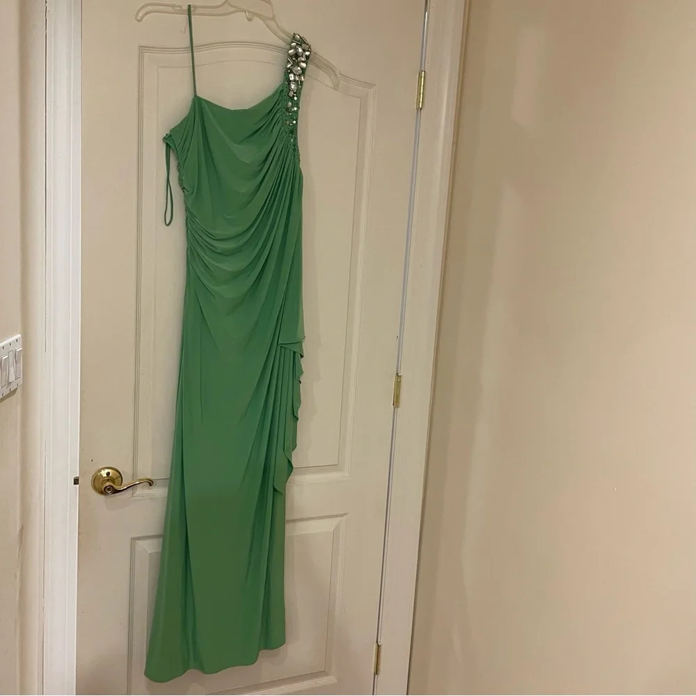 LM Collection Light Green One-Shoulder Dress - Sequin-Embellished Side Ruching